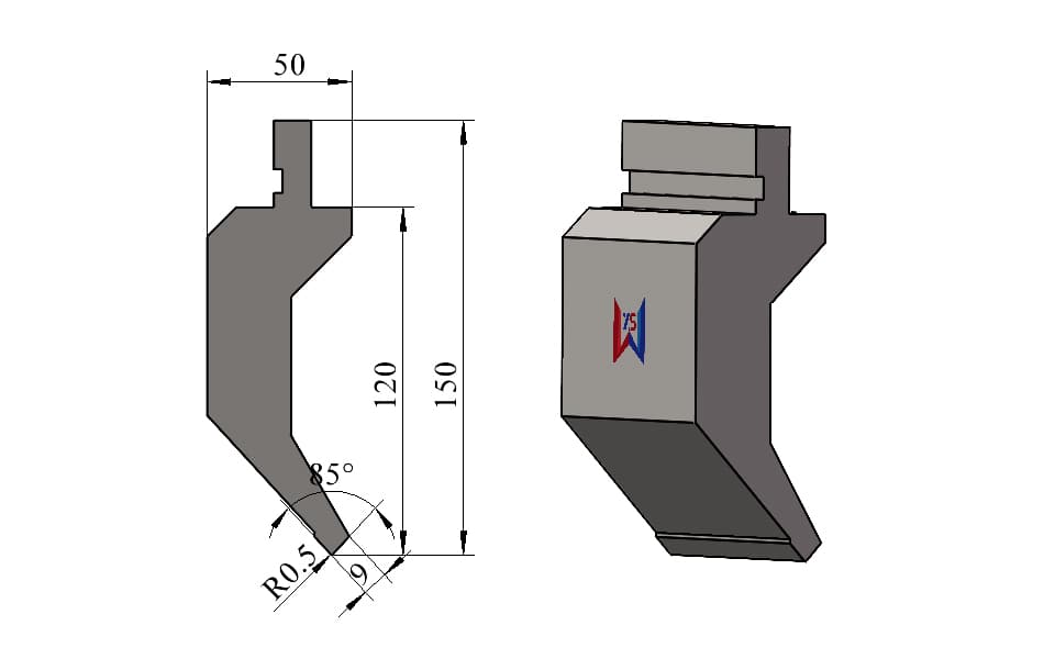 85° R0.5 High Gooseneck Press Brake Upper Punch with Clearance – 150 mm Height, 9 mm Tip, 50 Ton/m