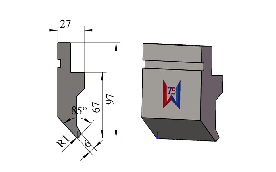 85° R1 Press Brake Upper Punch – 97 mm Height, 27 mm Width, 6 mm Tip, 80 Ton/m