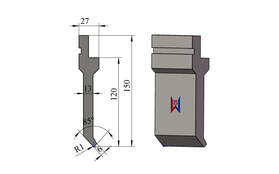 85° R1 Press Brake Upper Punch with Double-Side Clearance – 150 mm Height, 6 mm Tip, 40 Ton/m