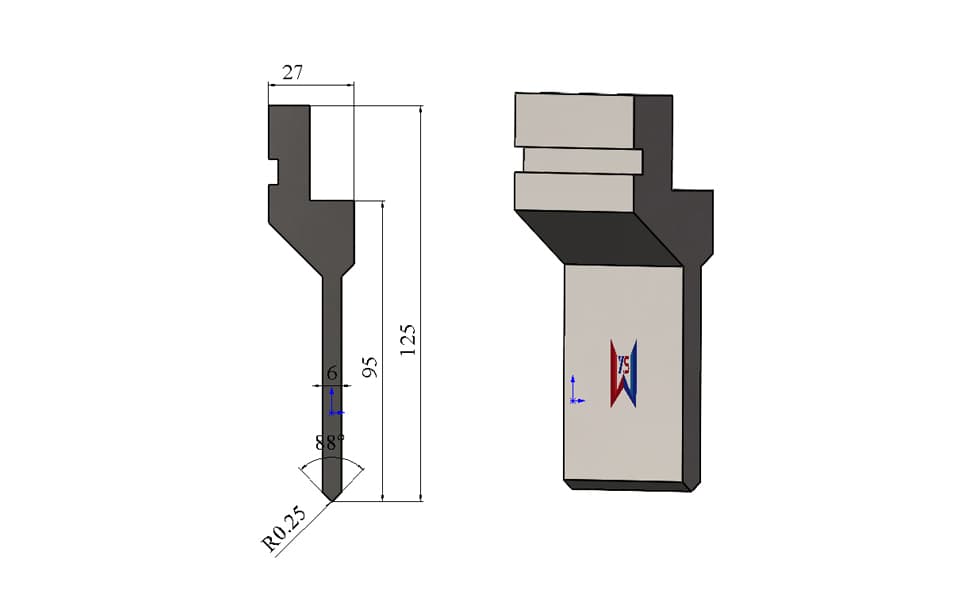 88° R0.25 Press Brake Upper Punch – 125 mm, 6 mm Load-Bearing Width