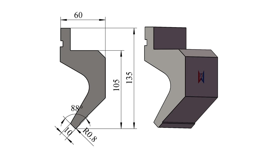 88° R0.8 Reverse Gooseneck Press Brake Punch – 135 mm, 8 mm Tip