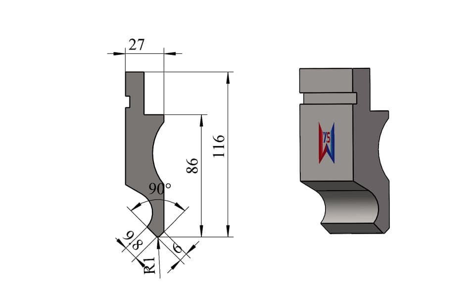 90° R1 Clearance Press Brake Upper Tool – 116 mm, 6 mm Tip