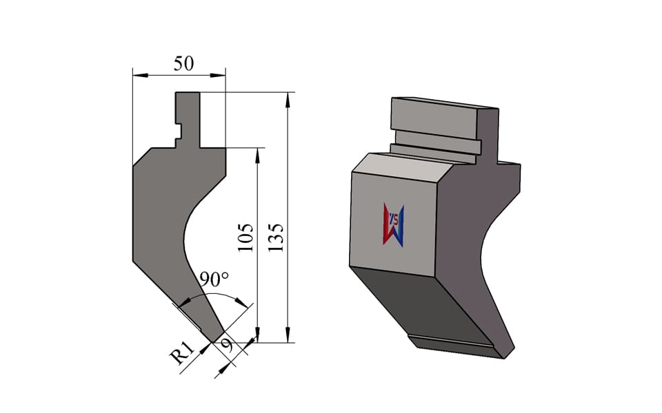 90° R1 Gooseneck Press Brake Upper Tool – 135 mm, 9 mm Tip