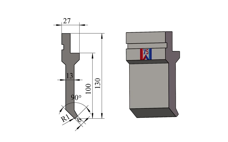 Standard 90° R1 Press Brake Upper Tool – 130 mm, 6 mm Tip