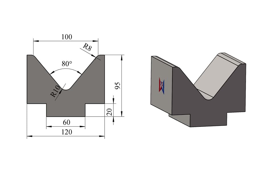 V100 80° Stepped-Base Single-V Press Brake Lower Die – H95 × W120 mm, 100 Ton/m - 1