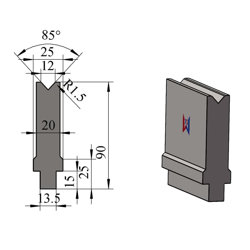 V12 85° Single-V Press Brake Lower Die – H90 × W25 mm, 60 Ton/m - 1