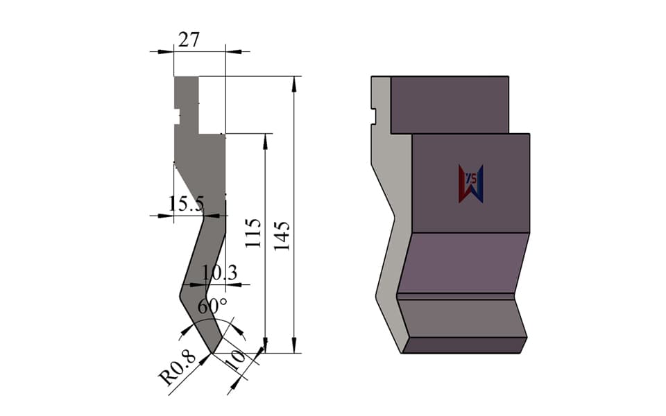 60° R0.8 Double-Side Clearance Press Brake Upper Punch – 145 mm Height, 115 mm Working Height, 10 mm Tip, 70 Ton/m - 1