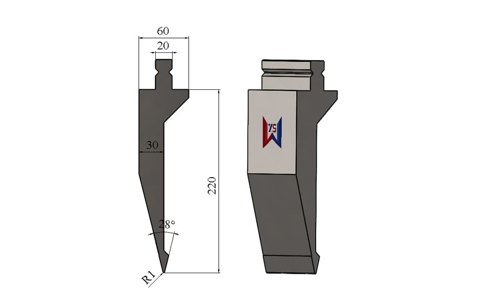 TRUMPF Type 28° R1 Tall Acute Angle Press Brake Upper Punch – 220 mm Height, 60 mm Width, 60 Ton/m