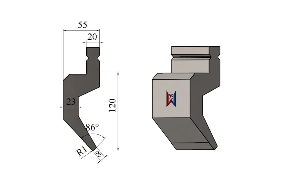 TRUMPF Type R1 Press Brake Upper Tool – 120 mm Height, 55 mm Width, 8 mm Tip, 80 Ton/m