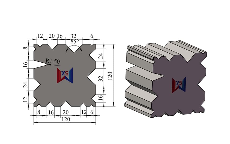 17-Groove Mixed-Angle Multi-V Press Brake Lower Die – V6 / V8 / V12 / V16 / V20 / V24 / V32, 120 × 120 mm, 100 Ton/m - 1