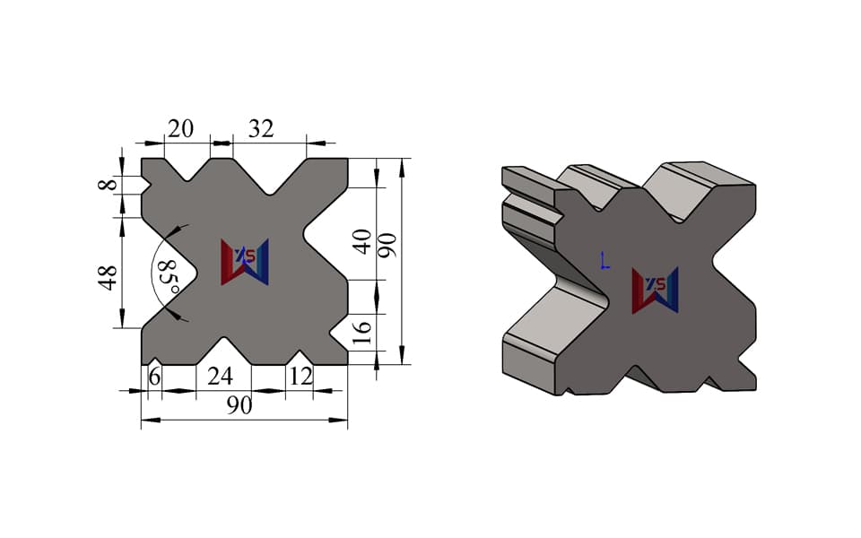9-Groove Multi-V Press Brake Lower Die – V6 / V8 / V12 / V16 / V20 / V24 / V32 / V40 / V48, 90 × 90 mm, 100 Ton/m - 1
