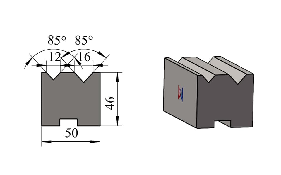 V12 / V16 85° Offset-Mount Double-V Press Brake Lower Die – H46 × W50 mm, 80 Ton/m