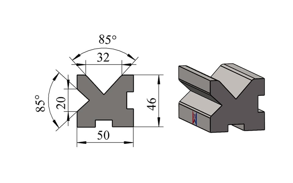 V20 / V32 85° Centered Two-Face Double-V Press Brake Lower Die – W50 × H46 mm, 100 Ton/m - 1