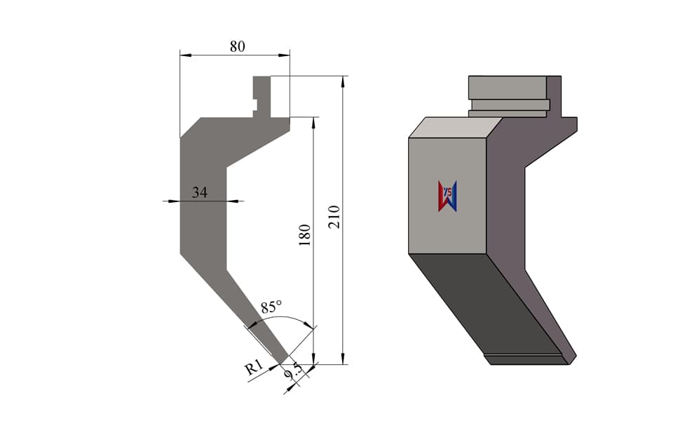 85° R1 Extra-Large Gooseneck Press Brake Upper Punch – 210 mm Height, 80 mm Width, 9.5 mm Tip, 80 Ton/m