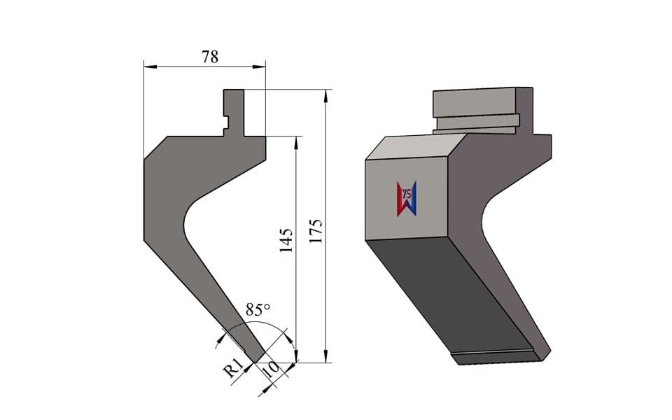 85° R1 Large Gooseneck Press Brake Upper Punch – 175 mm Height, 78 mm Width, 10 mm Tip, 80 Ton/m