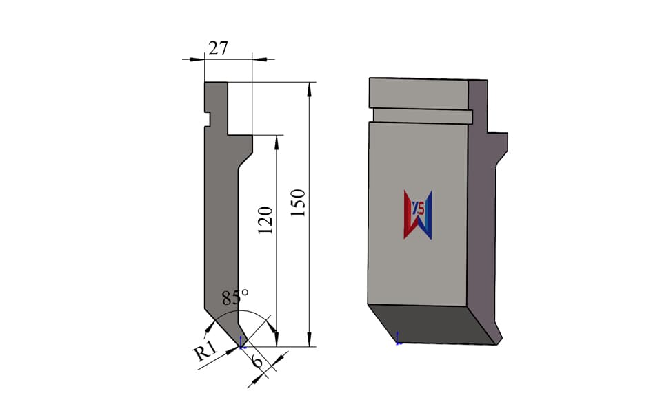85° R1 High Press Brake Upper Punch with 6 mm Narrow Tip – 150 mm Height, 80 Ton/m