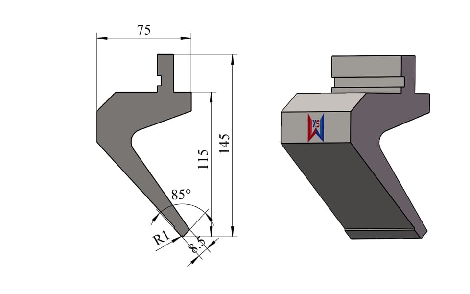85° R1 Wide Gooseneck Press Brake Upper Punch – 145 mm Height, 75 mm Width, 8.5 mm Tip, 50 Ton/m