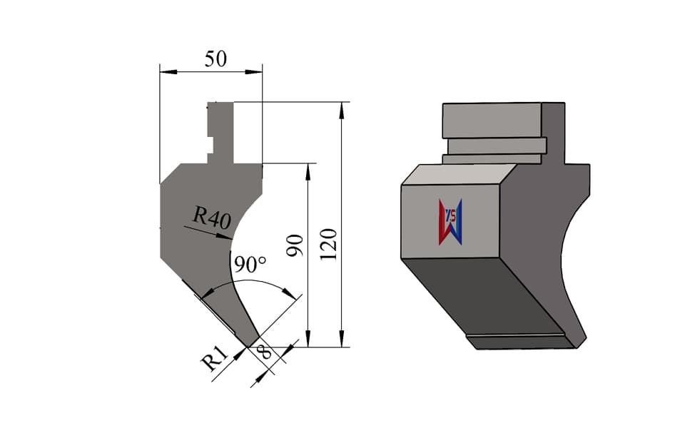 90° R1 Gooseneck Press Brake Upper Tool – 120 mm, 8 mm Tip