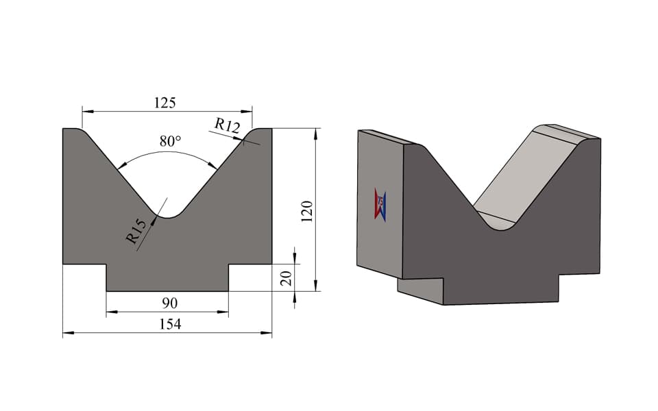 V125 80° Stepped-Base Single-V Press Brake Lower Die – H120 × W154 mm, 100 Ton/m - 1