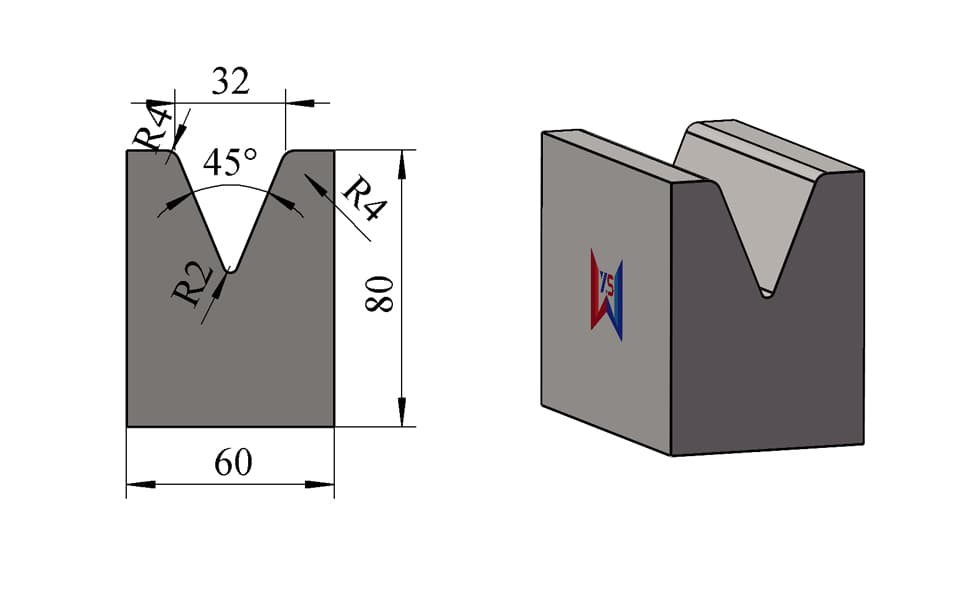 V32 45° Wide-Base Single-V Press Brake Lower Die – H80 × W60 mm, 100 Ton/m - 1