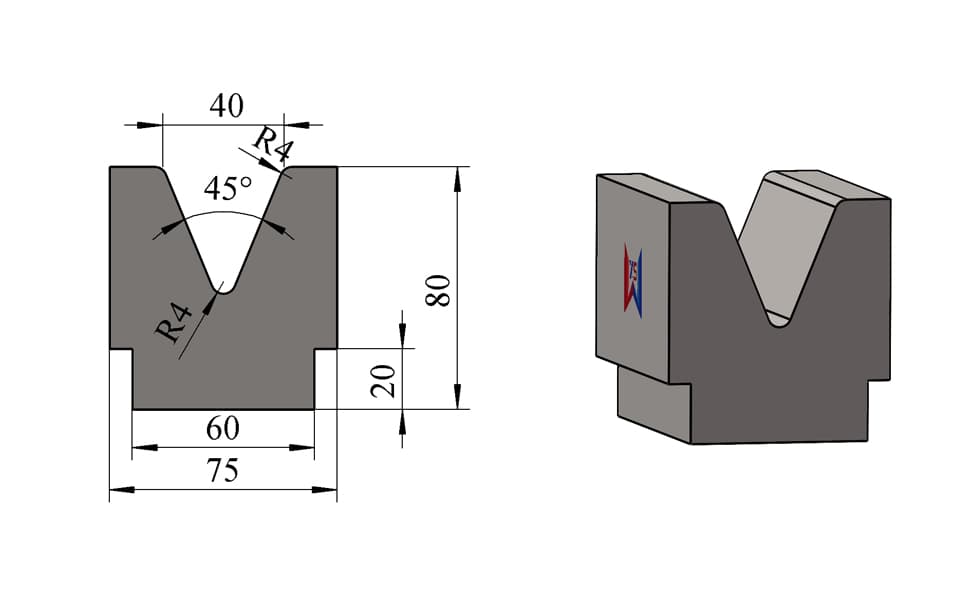V40 45° Stepped-Base Single-V Press Brake Lower Die – H80 × W75 mm, 100 Ton/m - 1