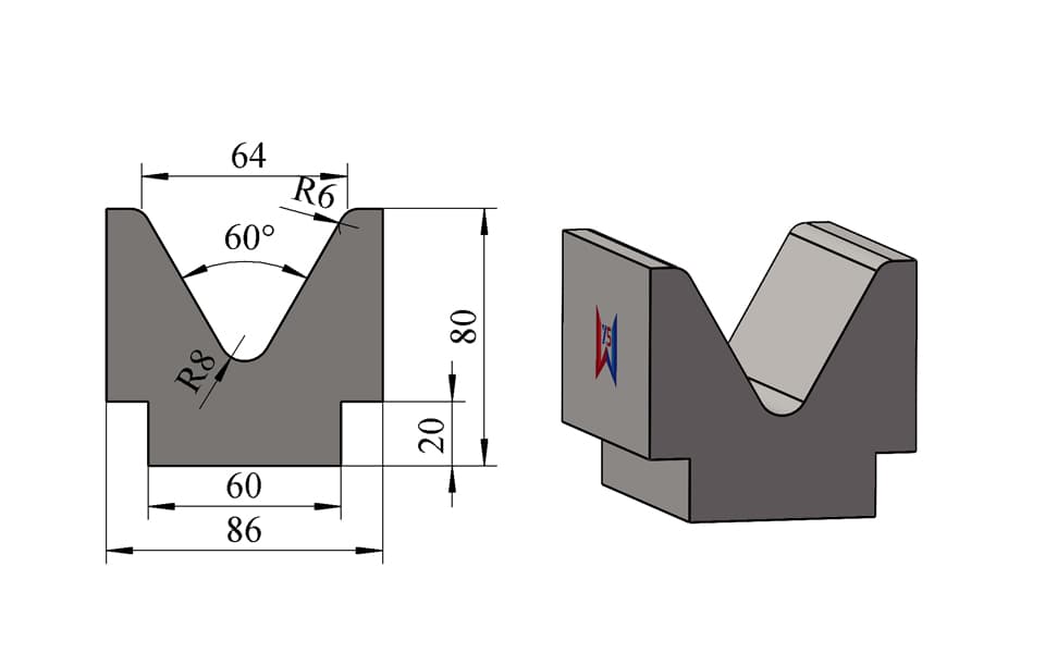 V64 60° Stepped-Base Single-V Press Brake Lower Die – H80 × W86 mm, 100 Ton/m - 1