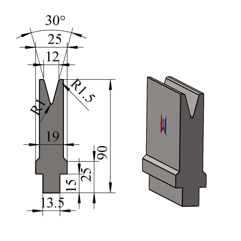 V12 30° Single-V Press Brake Lower Die – H90 × W25 mm, 40 Ton/m