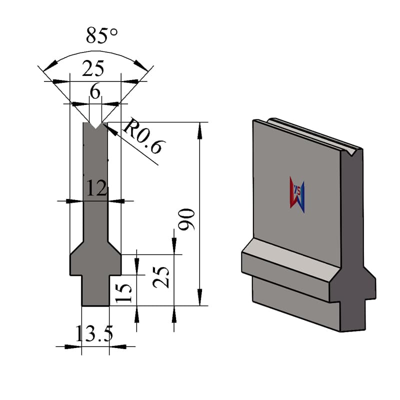 V6 85° Single-V Press Brake Lower Die – H90 × W25 mm, 40 Ton/m