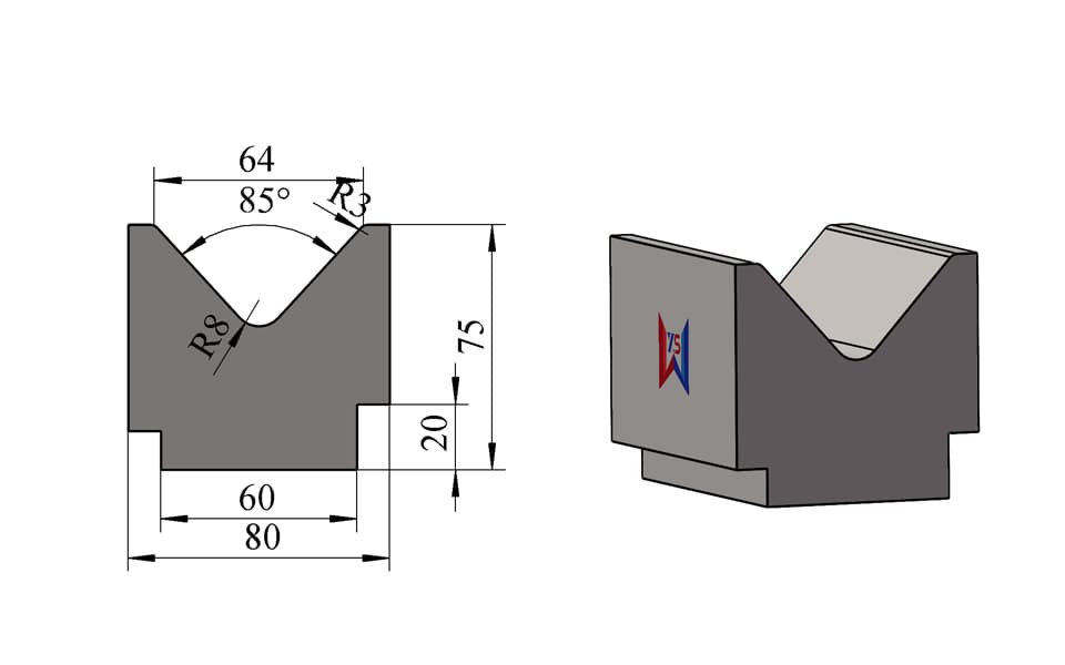 V64 85° Stepped-Base Single-V Press Brake Lower Die – H75 × W80 mm, 100 Ton/m - 1