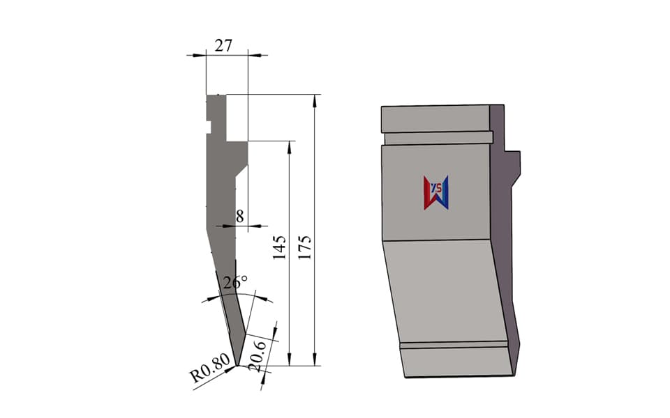 26° R0.8 Extra-High Clearance Press Brake Upper Punch – 175 mm Height, 145 mm Working Height, 70 Ton/m - 1