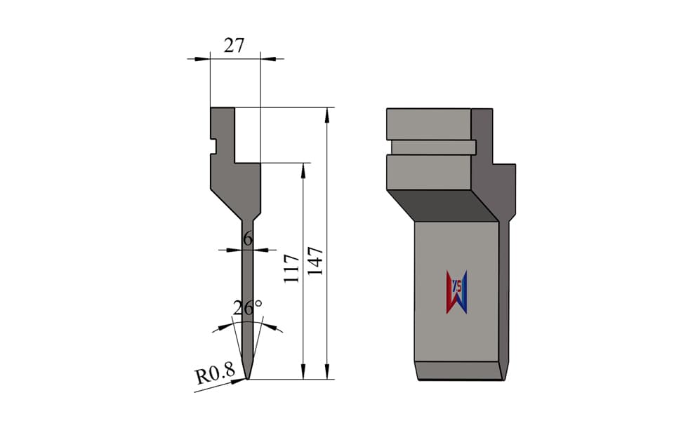 26° R0.8 Narrow-Clearance Press Brake Upper Punch – 147 mm Height, 117 mm Working Height, 6 mm Load-Bearing Width, 80 Ton/m - 1
