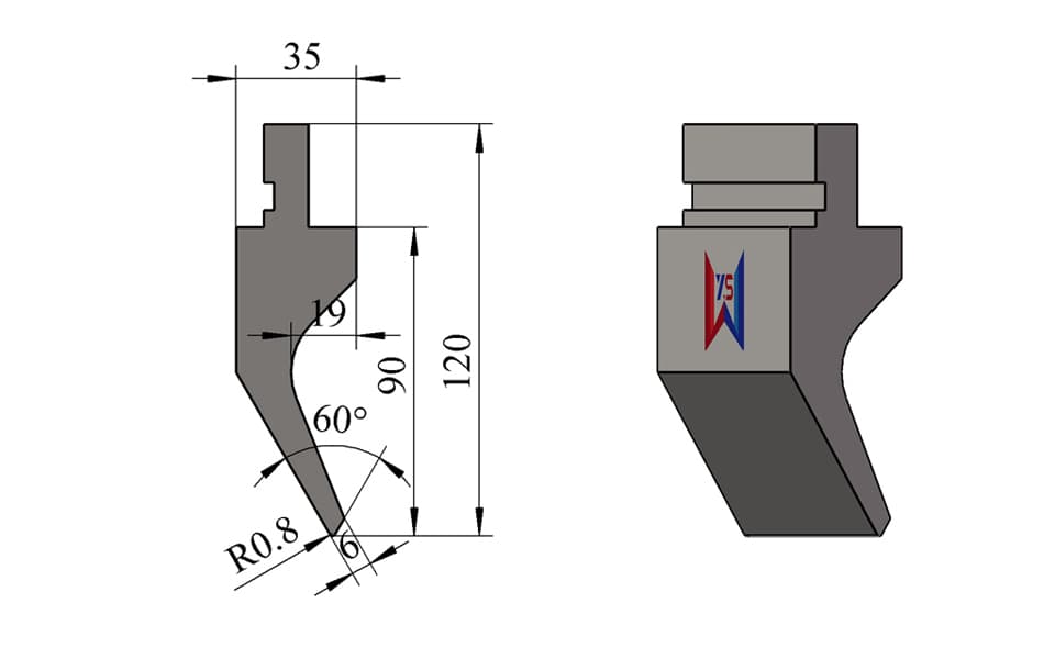 60° R0.8 Small Gooseneck Press Brake Upper Punch – 120 mm Height, 90 mm Working Height, 35 mm Width, 40 Ton/m - 1