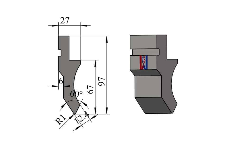 60° R1 Compact Double-Side Clearance Press Brake Upper Punch – 97 mm Height, 67 mm Working Height, 12.4 mm Tip, 60 Ton/m