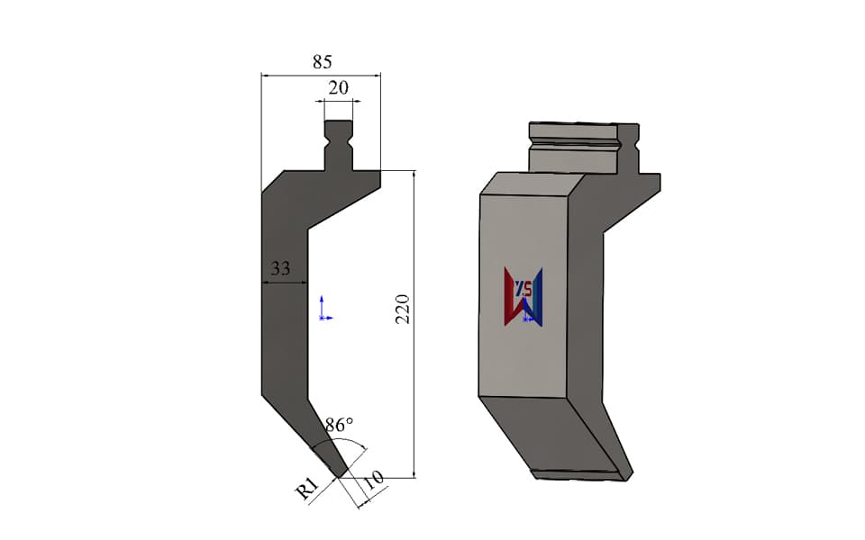 TRUMPF Type R1 Large Clearance Press Brake Upper Tool – 220 mm Height, 85 mm Width, 10 mm Tip, 80 Ton/m